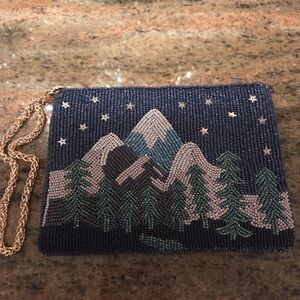 Beaded Mountain Scene Wristlet Or Clutch- Blue and Green With Stars